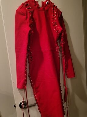 Fashion Nova Red Lace-Up Bodycon Dress with Gold Eyelets